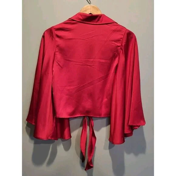 Akira Red Angelic Satin Flared Sleeve Button & Tie Crop Top Sz S V Neck Collared - Picture 5 of 8